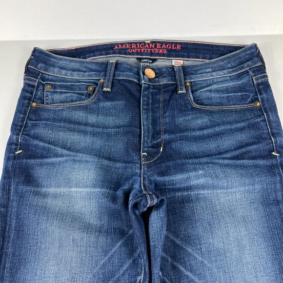 American Eagle Jean Women 8 Skinny Dark Blue Whisker Cone Stretch Denim USA Made - Picture 2 of 16